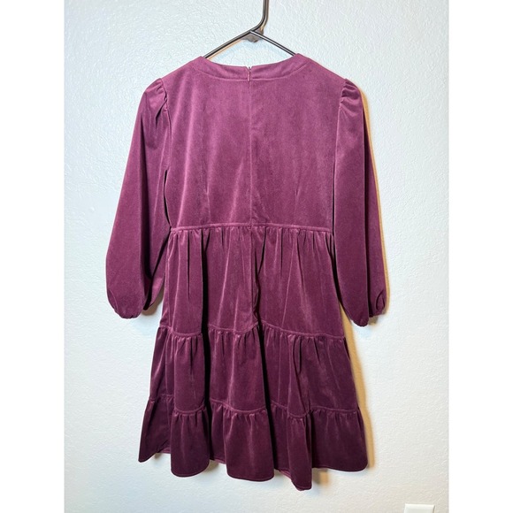 Melonie Purple Corduroy Tiered Mini Dress V-Neck 3/4 Sleeve Women's Size 6 - Picture 2 of 4